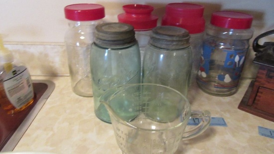 BALL MASON JARS WITH ZINC LID AND GLASS INSERTS, SPRY 2 CUP MEASURING, AND