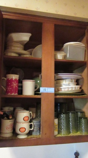 KITCHEN CUPBOARD OF ASSORTED PLASTIC WARE, DRINKING GLASSES, COFFEE MUGS
