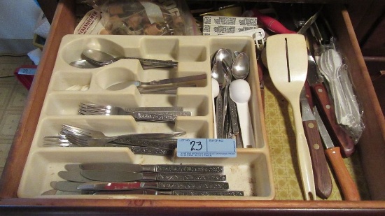 DRAWER OF ASSORTED FLATWARE BY NATIONAL STAINLESS AND COOKING UTENSILS