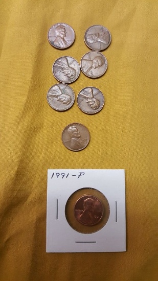 7 ASSORTED DATED WHEAT PENNIES AND ONE 1991 PENNY