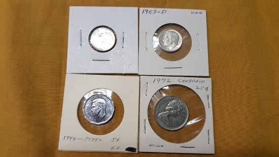2 DIMES 1963 AND 1964, 1 1944 STEEL CANADIAN $.05 CENT PIECE, & 1972 CANADI