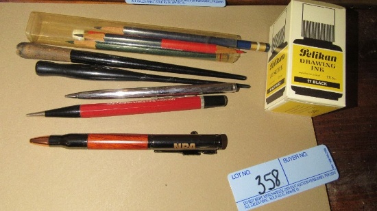 VINTAGE DRAWING PENS WITH INK, PENCILS