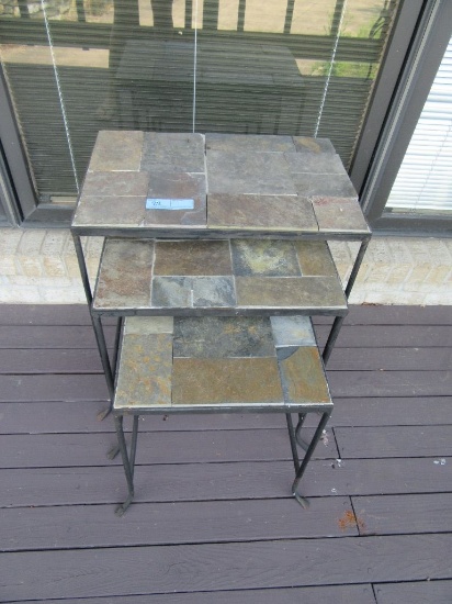 STACKING PATIO TABLES WITH STONE TOP. SOME WEAR AND TEAR