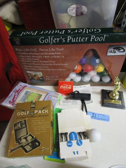 GOLFER'S PUTTER POOL. GOLF SCOPE. SPORT TOWEL. GOLFING TEES. AND GOLF PACK