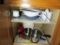ASSORTED ITEMS IN KITCHEN CABINET - REVERE WARE PANS, PLASTICWARE, JUICER,