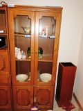 WOOD UNIT WITH PULL-OUT SHELVES AND GLASS CABINET TOP. MATCHES LOT 131