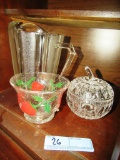 GLASS PITCHER. GLASS COVERED BOWL. CHERRY BOWL.