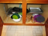 CABINET OF COOKIE SHEETS, MEASURING CUPS, PLASTIC BOWLS, AND ETC