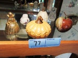 ASSORTED SALT AND PEPPER SHAKERS AND BRASS BELL. MARBLE APPLE