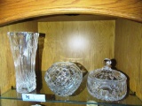 3 HEAVY GLASS ITEMS - 2 VASES AND COVERED DISH