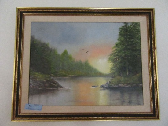 OIL ON CANVAS COTTAGE SCENE BY RUTH SMITH IN ORNATE GOLD FRAME WITH LIGHT