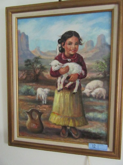 PAINTING ON WOOD INDIAN GIRL WITH LAMB