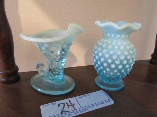 2 BLUE HOBNAIL VASES