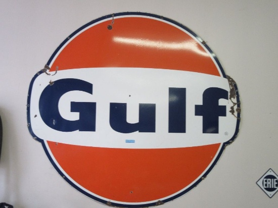 PORCELAIN ON METAL GULF SIGN. 79 IN WIDE BY 73 IN TALL