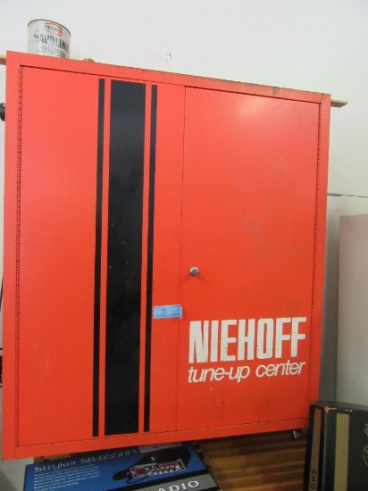 NIEHOFF TUNE-UP CENTER METAL HANGING CABINET WITH KEY. 30 BY 34 BY 11