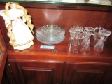 ASSORTED GLASSWARE, COVERED HEART SHAPED CONTAINER, STEMWARE, PLATES, AND P