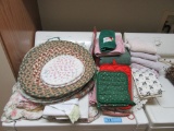 ASSORTED LINENS, CURTAINS, CHAIR PADS, AND ETC