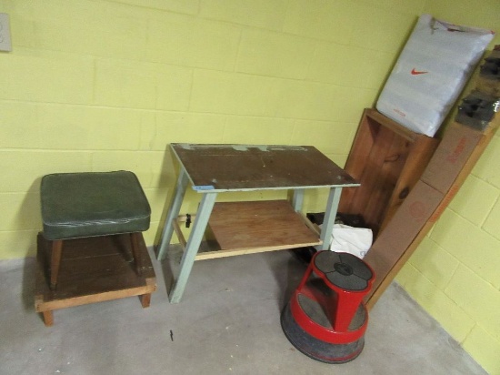 WOODEN TABLE. FOOTSTOOLS. STEP. ETC