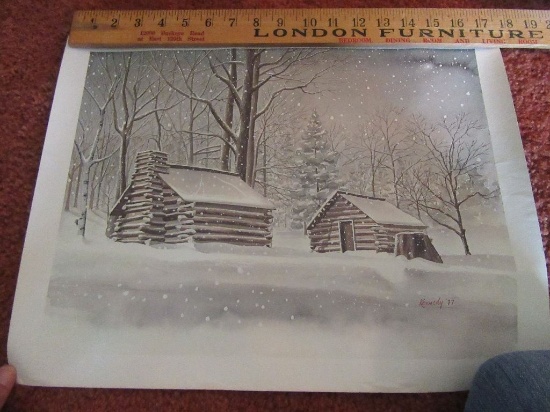 WATERCOLOR BY THOMAS E KENNEDY "CHRISTMAS AT VALLEY FORGE SOLDIERS' HUTS"