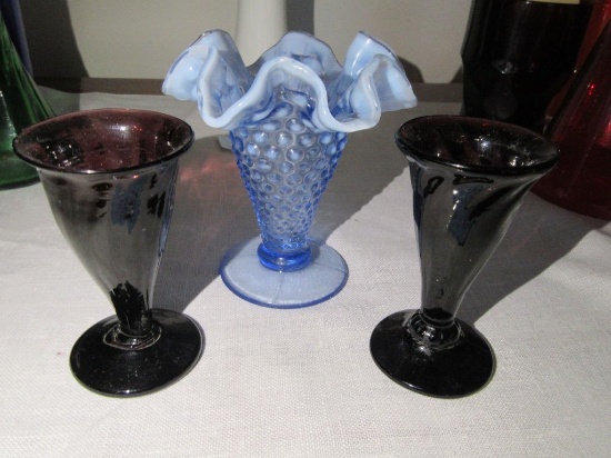 SMALL AMETHYST VASES AND BLUE HOBNAIL VASE
