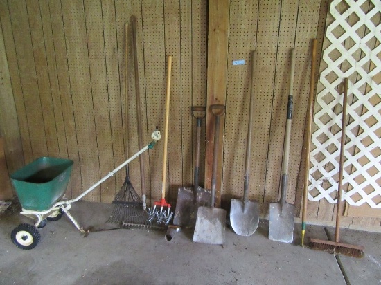 ASSORTED YARD TOOLS - SHOVELS, BROOMS, RAKES, SEEDER