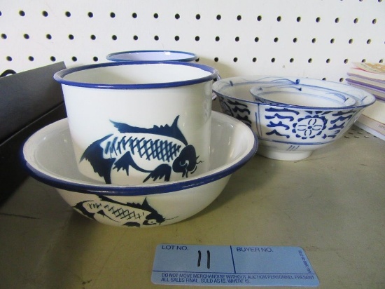 PORCELAIN OVER METAL BOWL AND CUP SET, ORIENTAL BOWLS, AND ETC