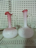 PAIR OF GLASS HANDLED VASES IN PINK AND WHITE