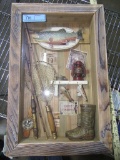 COLLAGE OF FISHING ITEMS IN WOOD FRAME