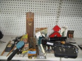 VARIETY OF ASSORTED TOOLS AND EQUIPMENT. MATCHBOX HANGER