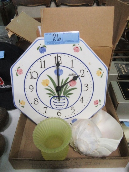 SUNBEAM WALL CLOCK, SHELL CANDLE HOLDER, AND A SET OF FOUR GLASS GOSSAMER V