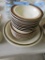 ASSORTED STONEWARE DISHES WITH DECORATIVE STRAINER AND PLATE