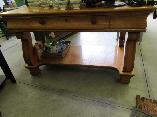 OAK LIBRARY TABLE WITH SCROLL STYLE LEGS