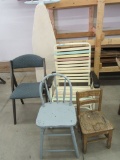 2 WOOD CHAIRS AND LAWN CHAIR AND IRONING BOARD