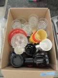BOX LOT OF INDIVIDUAL SERVING DISH. GLASS DISHES. MUGS. PLASTIC CUPS. TRAVE
