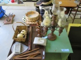 WOODEN CANDLESTICK HOLDERS. BASKET. BROOM. ETC ON TOP OF TABLE