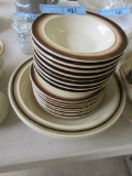 ASSORTED STONEWARE DISHES WITH DECORATIVE STRAINER AND PLATE