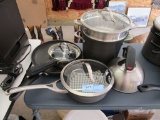 VARIETY OF CALPHALON POTS, SKILLETS, AND TEA KETTLE