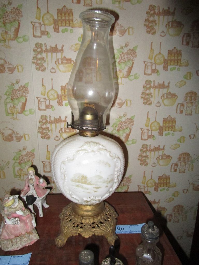 Antique Milk Glass Oil Lamp With Decorative Scene Art Antiques