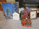 CHRISTMAS DECORATIONS. NEEDLEPOINT BLUE JAY. AND OTHER DECORATIVE ITEMS