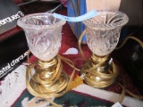 PAIR OF GLASS AND BRASS CANDLE LIGHTS