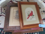 VARIETY OF WOOD FRAMED PRINTS AND CARDINAL NEEDLEPOINT