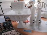2 VINTAGE PIECES OF MILK GLASS CENTERPIECE DISHES. 2 VASES. SALT AND PEPPER