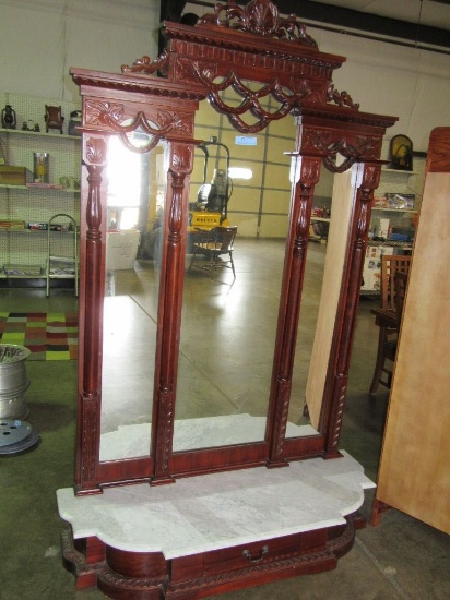 DECORATIVE ORNATE CARVED FLOOR MIRROR WITH MARBLE TOP