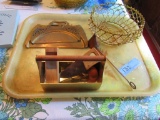 WIRE BASKET, BRASS DESK PANS, CANDLE SNUFFER, & ETC
