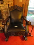 HEAVILY CARVED CLAWFOOT LEATHER PADDED ROCKING CHAIR