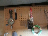 CLAMPS, STAPLER, BRUSHES, ETC ON PEGBOARD