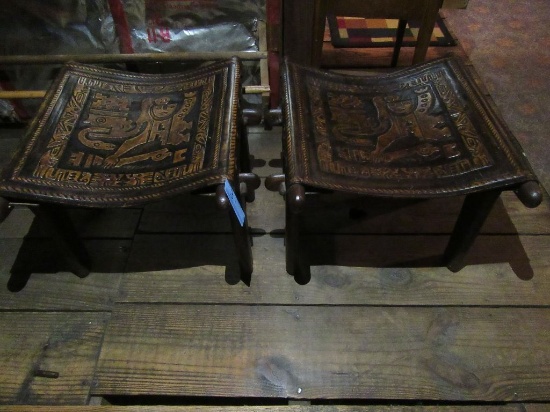 2 CAMPECHE STYLE STOOLS WITH LEATHER SEATS