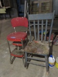 50'S STYLE RED STEP STOOL AND WOODEN CHAIR