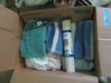 BOX OF BATHROOM TOWELS AND CUPBOARD LINER