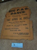 BIG P&O DANCE AT KELLY'S PARK LEETONIA OHIO SATURDAY APRIL 16TH 1927 ADVERT